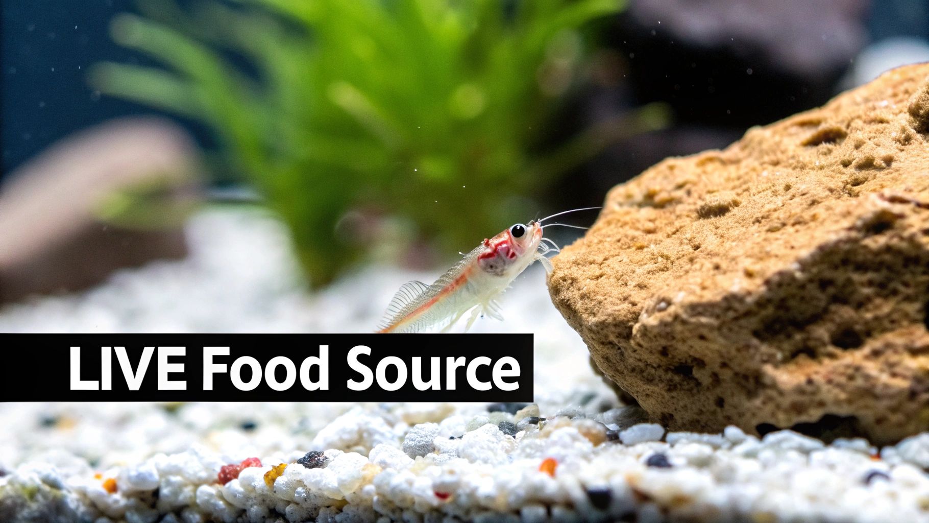 A small, translucent shrimp-like copepod with red markings in an aquarium with gravel and a rock, labeled 'LIVE Food Source'.