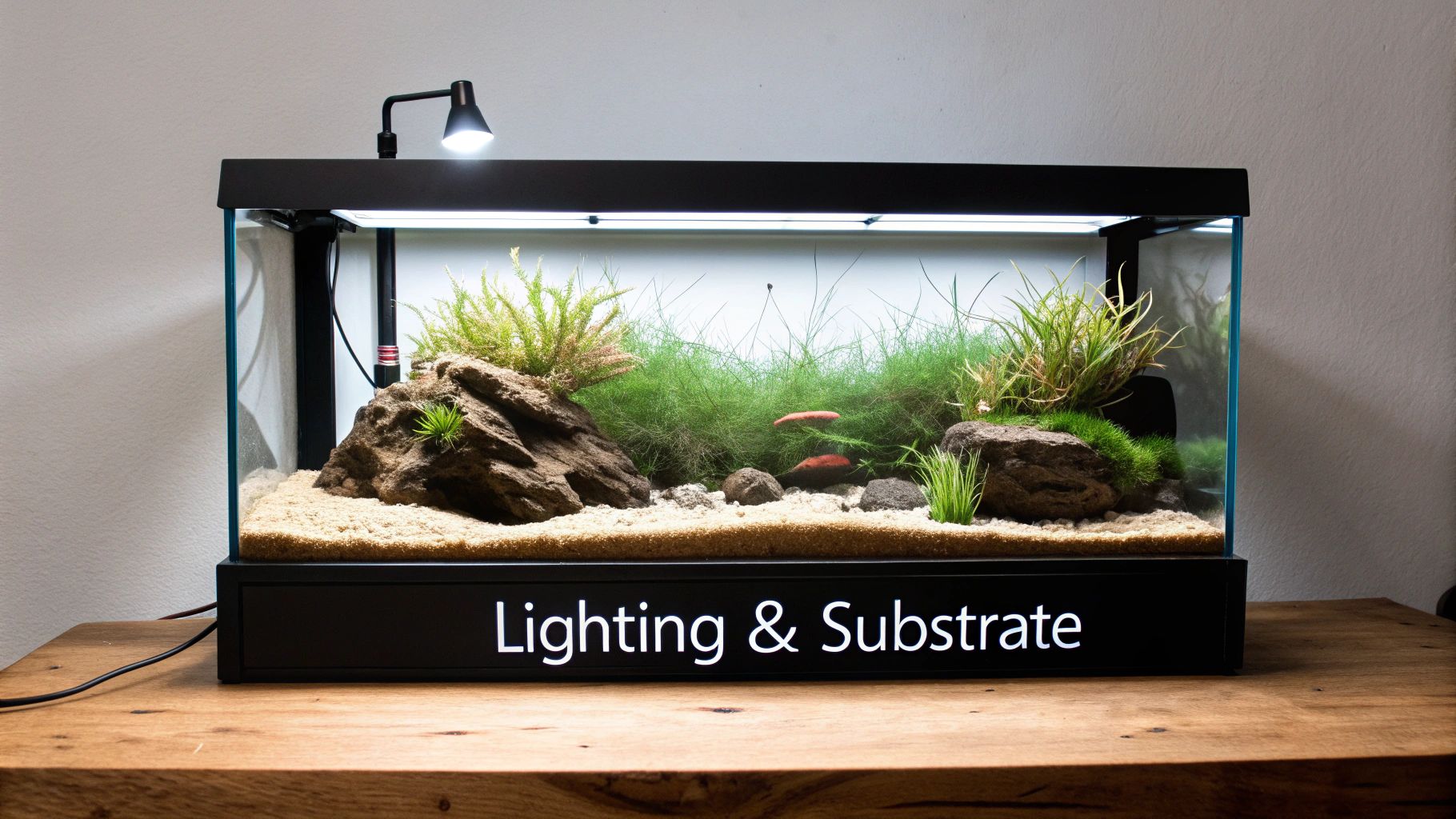 A beautifully lit planted aquarium with sand substrate, rocks, various aquatic plants, and two small red fish.