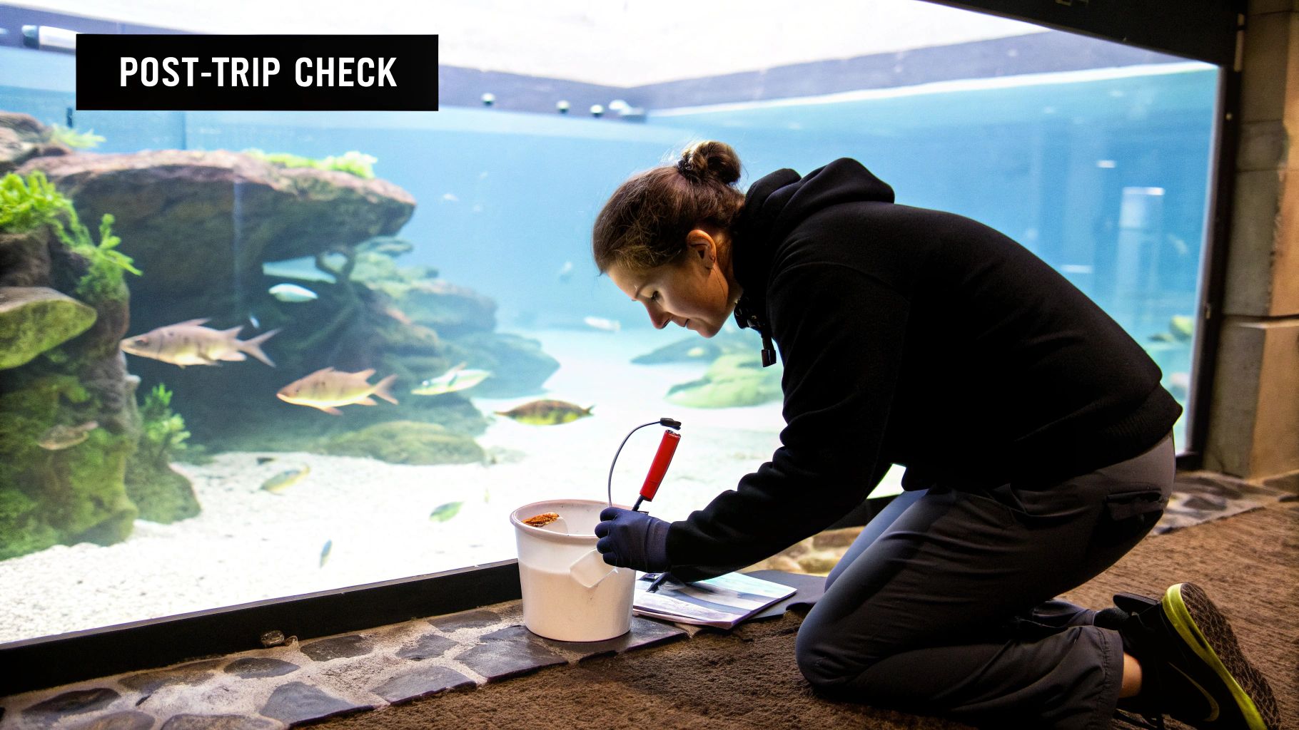 An aquarium staff member performs a post-trip check, kneeling beside a fish tank with a bucket.