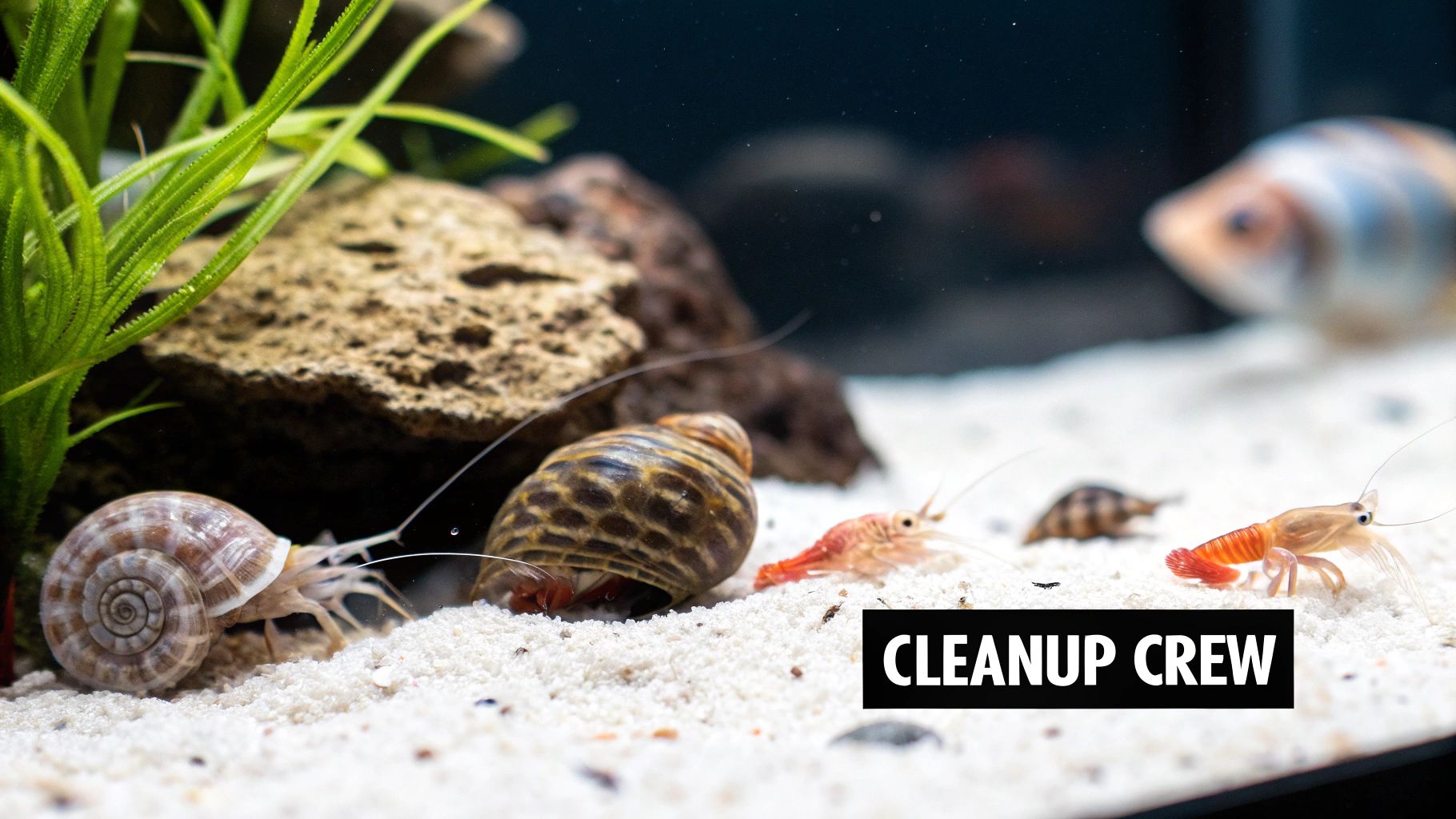 A vibrant aquarium scene featuring multiple snails and shrimp on white sand, with green plants and a fish in the background. Text 'CLEANUP CREW'.