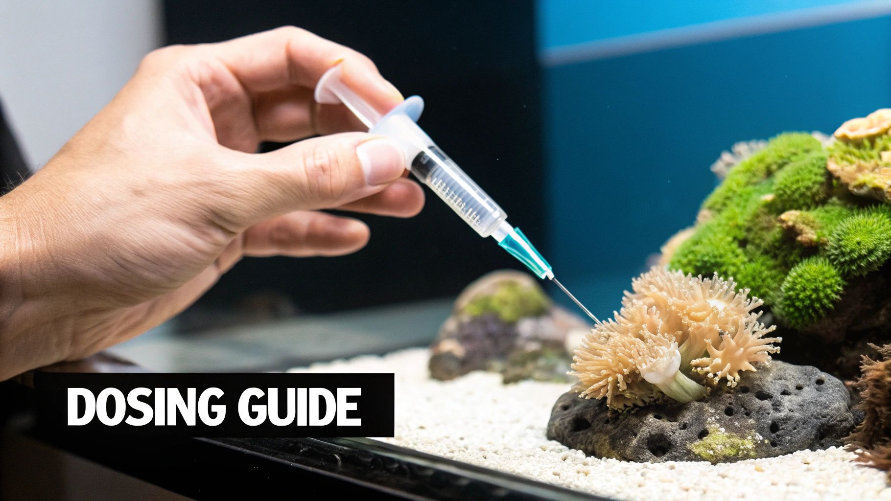 A hand uses a syringe to dose liquid into a tan coral in a vibrant reef tank.