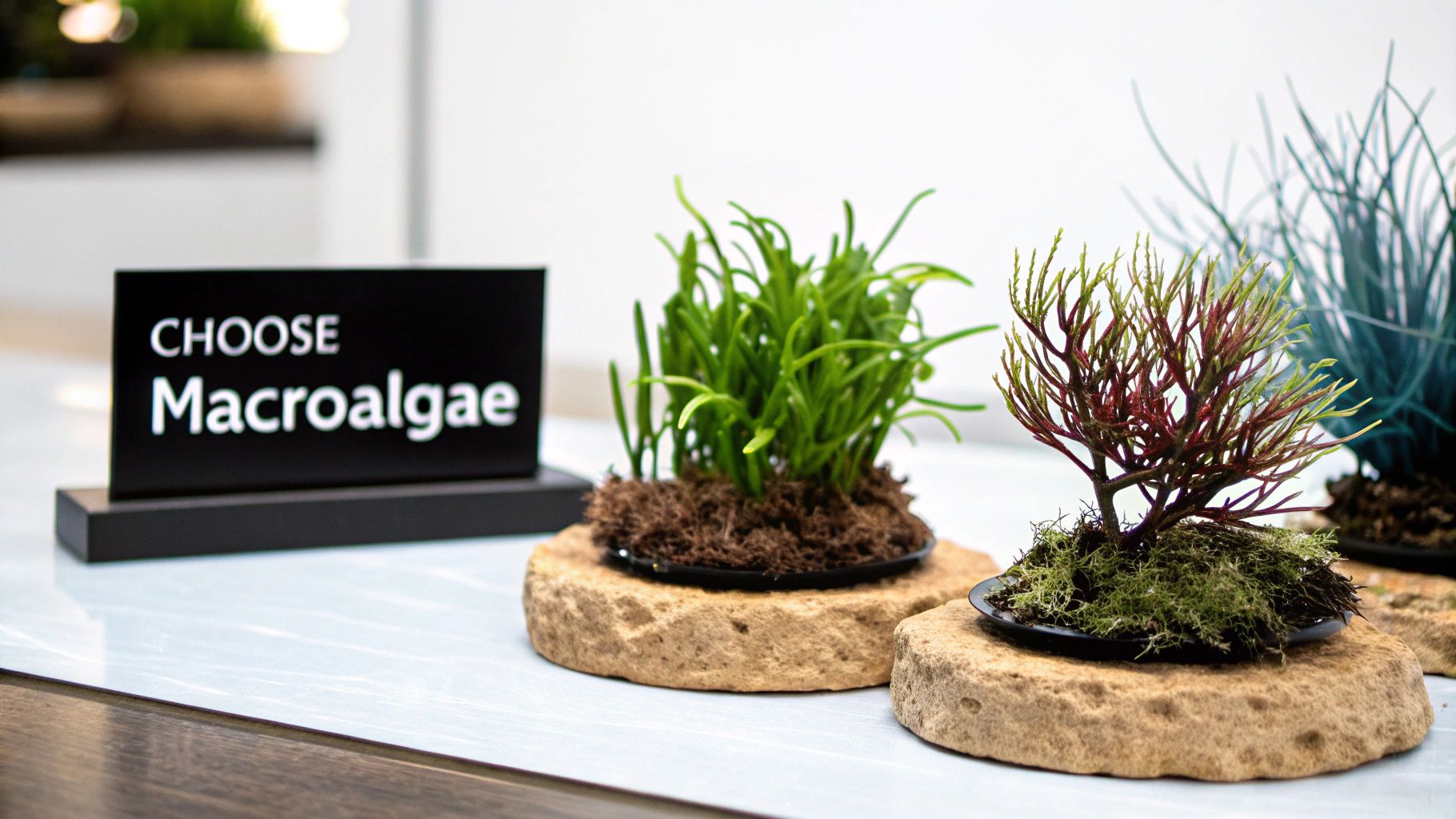 A vibrant display of different colored macroalgae in a reef tank