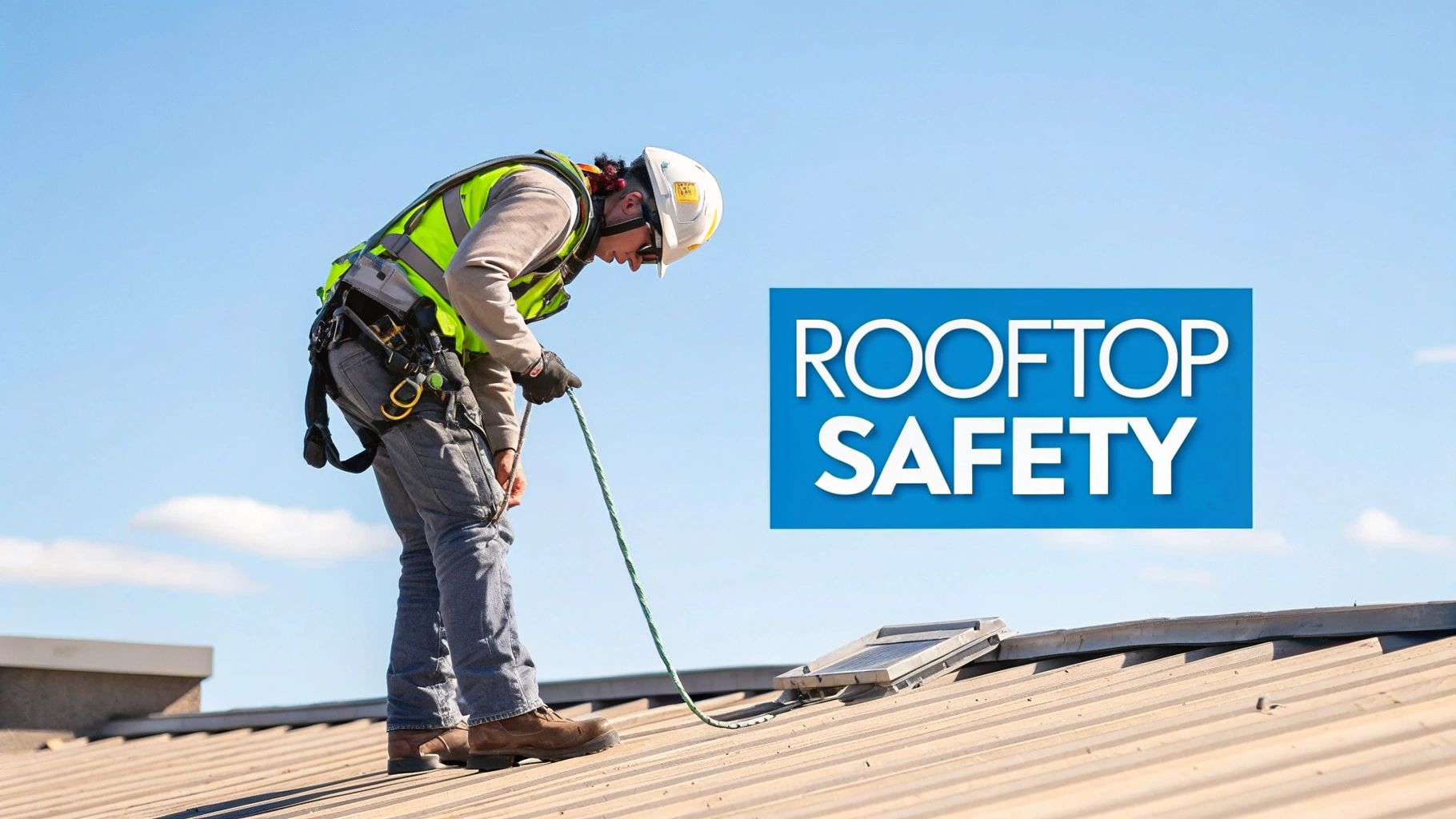 A construction worker in full safety gear, including a helmet and harness, stands on a rooftop with 'ROOFTOP SAFETY' text.
