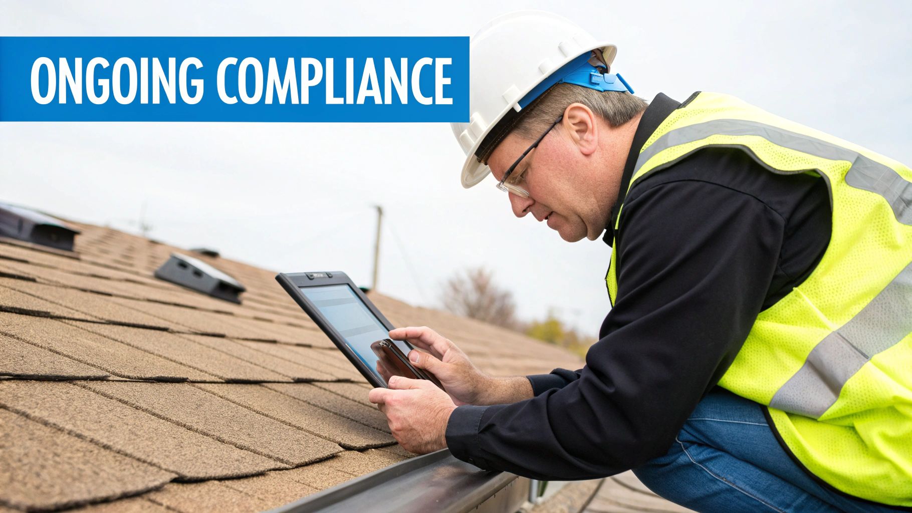 A man in a hard hat and safety vest uses a tablet while inspecting a shingled roof for ongoing compliance.