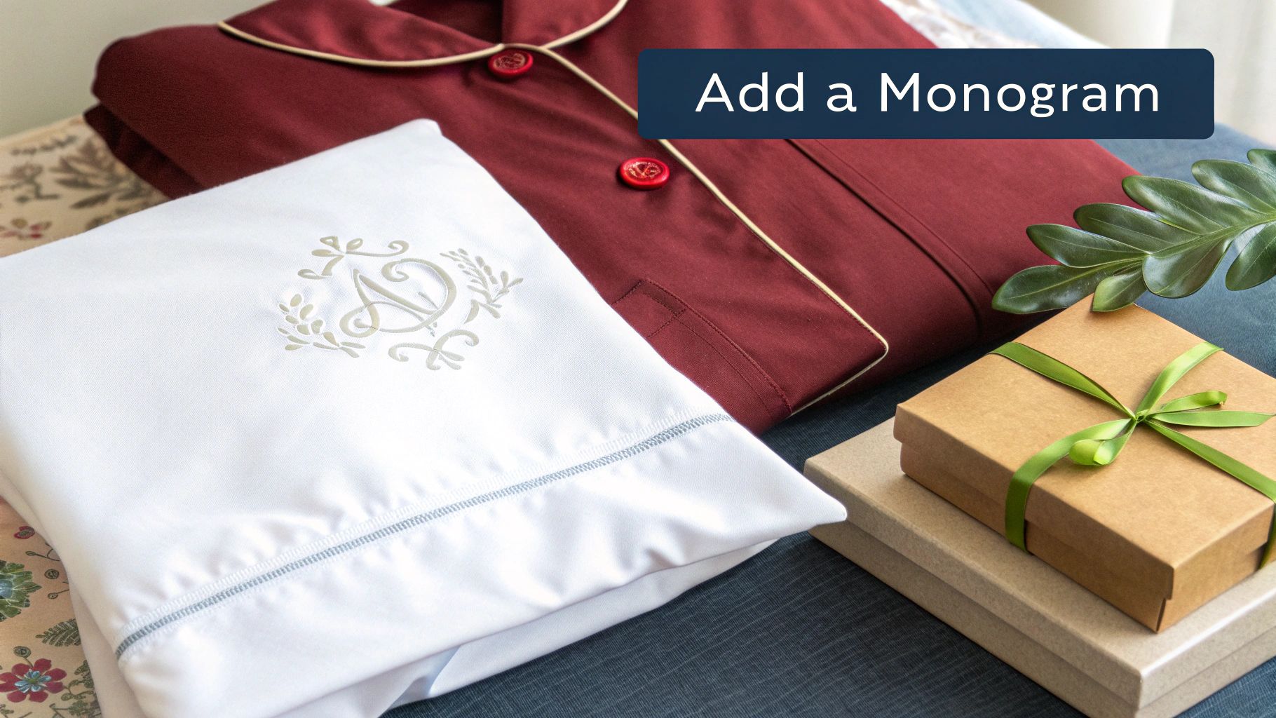 A white sheet with an embroidered monogram next to red pajamas and wrapped gift boxes.