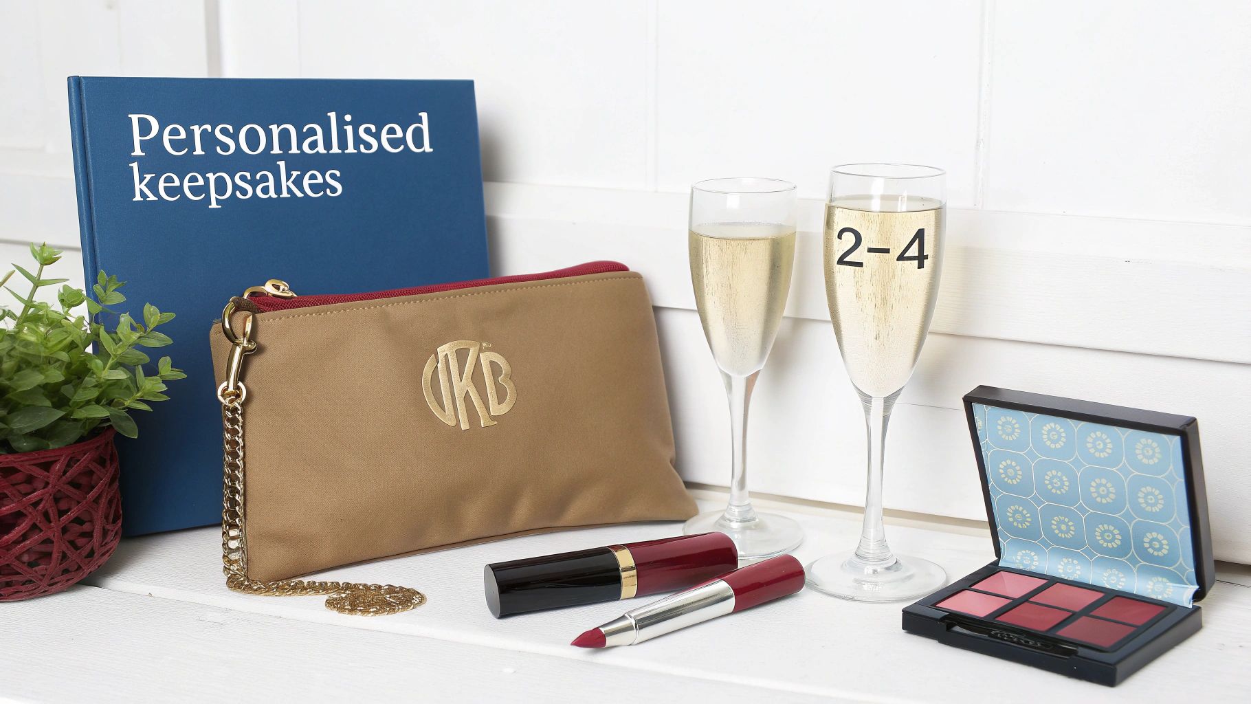 A blue 'Personalised Keepsakes' book, monogrammed clutch bag, champagne flutes, makeup, and lipsticks.