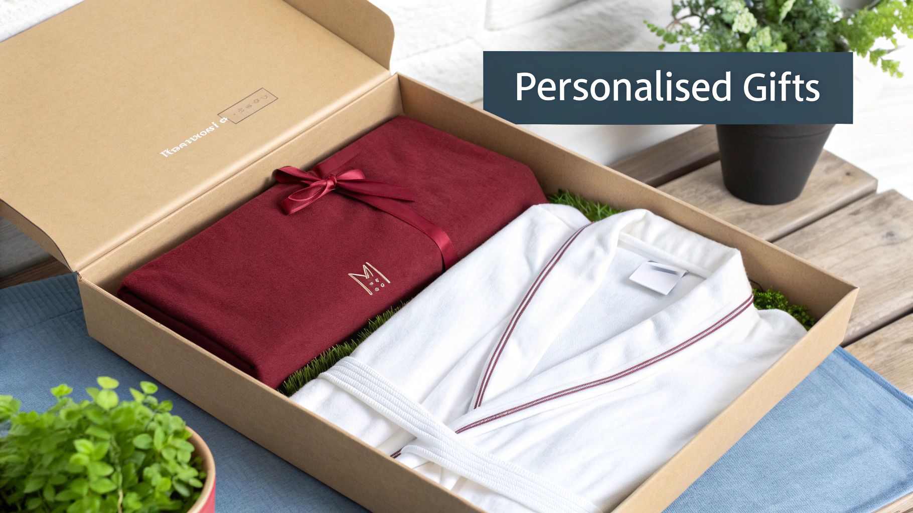 An open gift box containing a personalised red blanket, a white robe, and green decorative grass.
