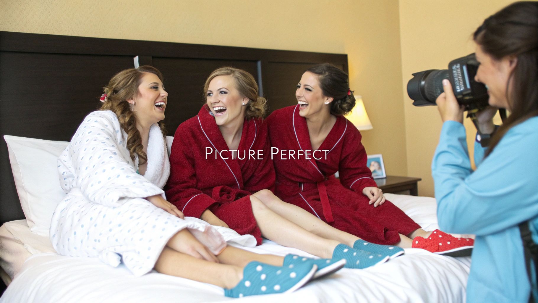 A joyful bridal party in bathrobes and slippers laughing on a bed as a photographer captures the moment.