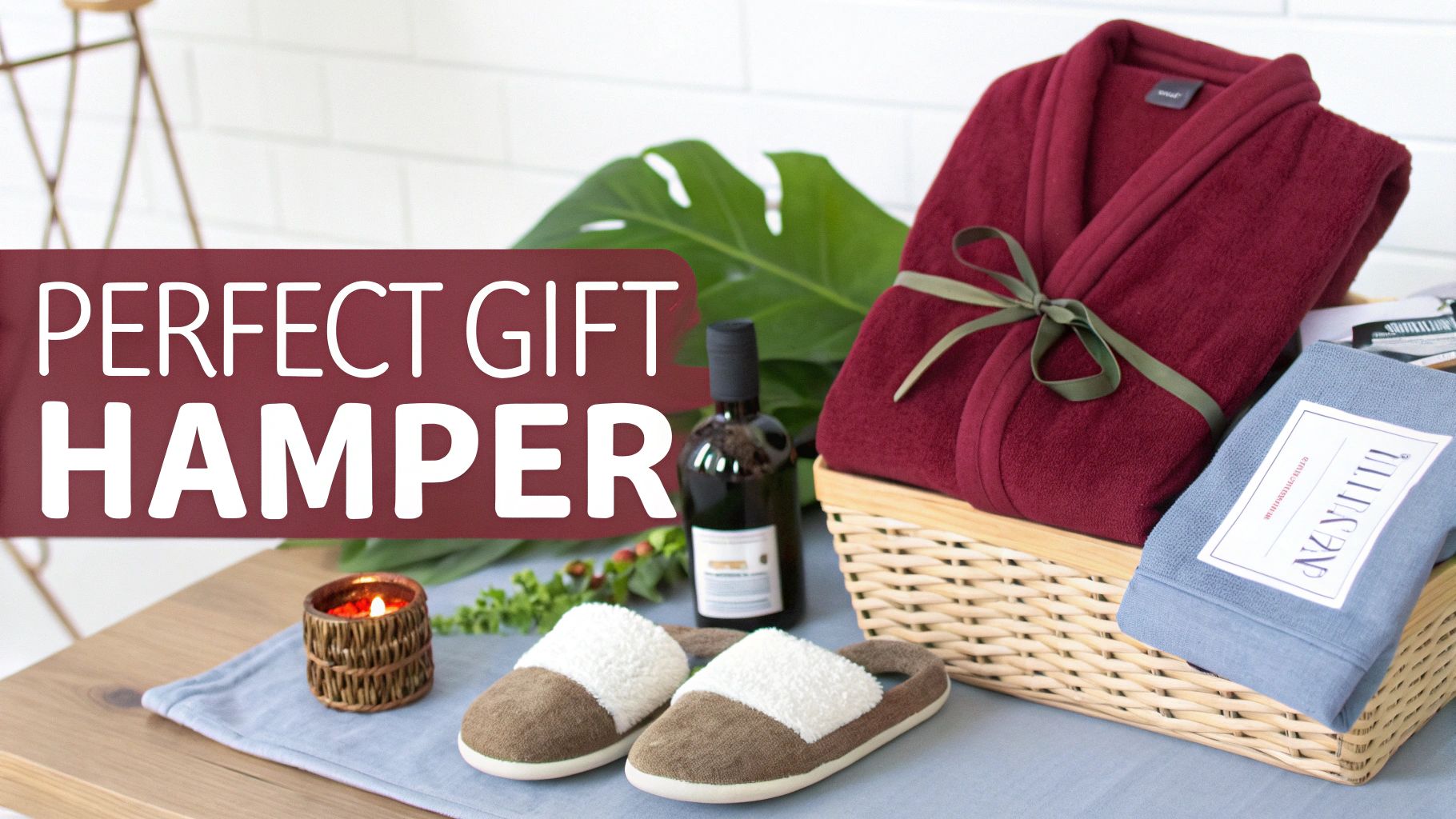 A luxurious gift hamper featuring a red bathrobe, blue towel, slippers, wine bottle, and a lit candle.