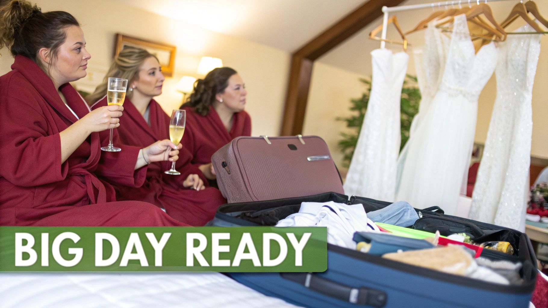 Three women in red robes toast with champagne, surrounded by wedding dresses and packed suitcases.