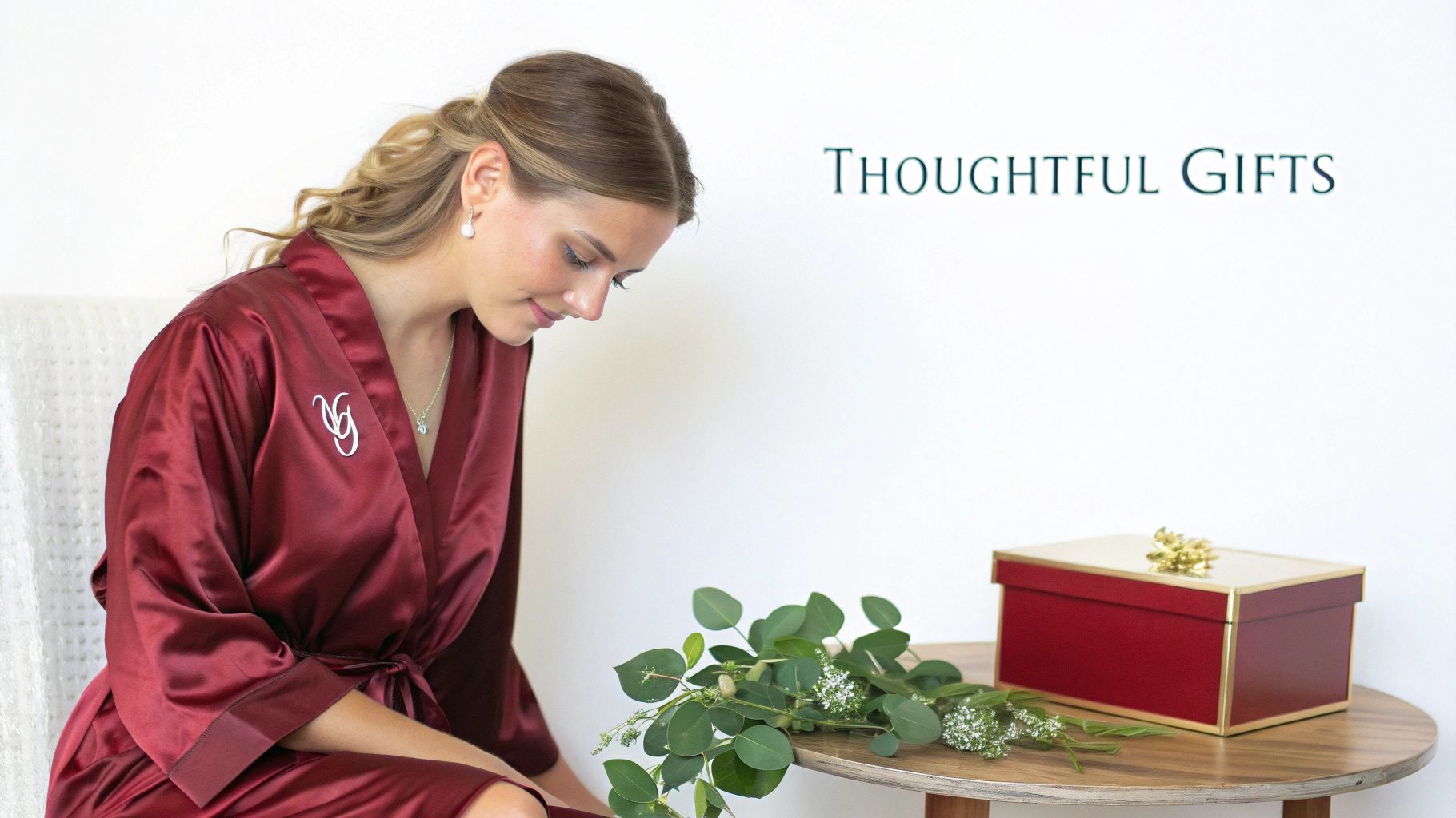 A woman in a personalized burgundy satin robe looking at a thoughtful red gift box with eucalyptus and white flowers.