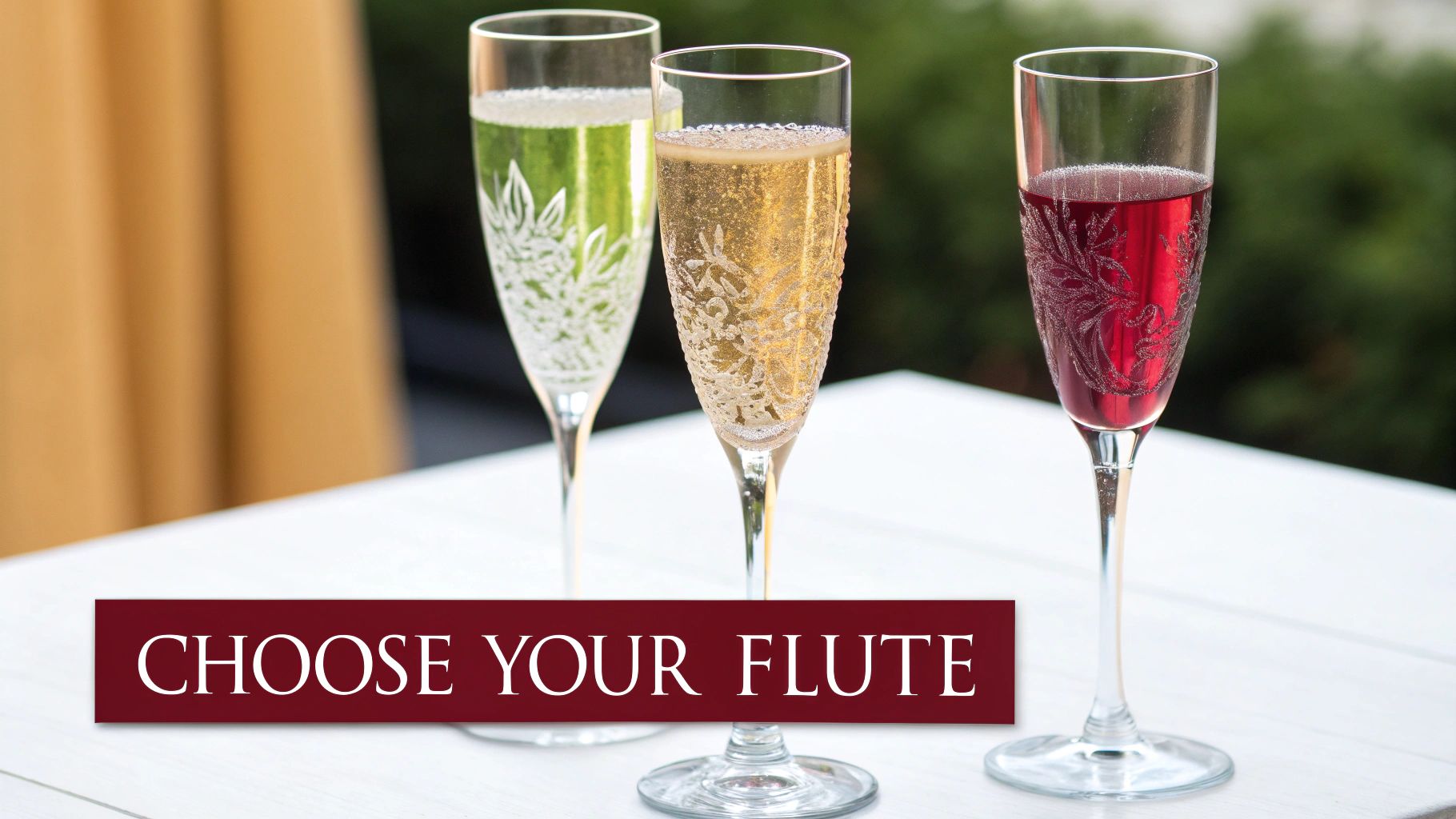 Elegant personalized champagne flutes with etched patterns, holding green, gold, and red sparkling beverages.