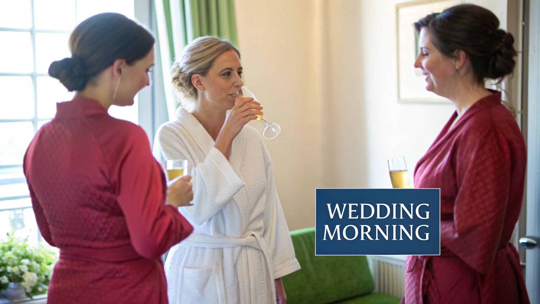 Women in dressing gowns enjoying drinks, getting ready on a joyous wedding morning.