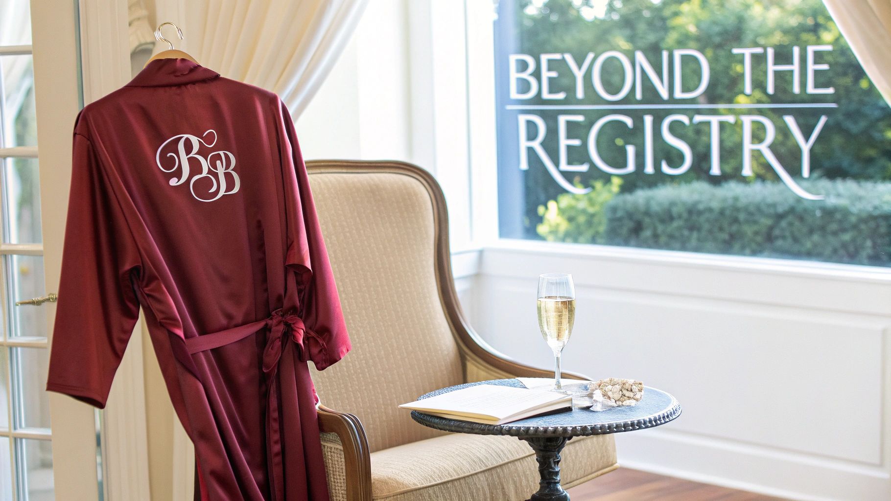 A maroon satin robe with 'BB' initials, champagne, and a book next to a window.