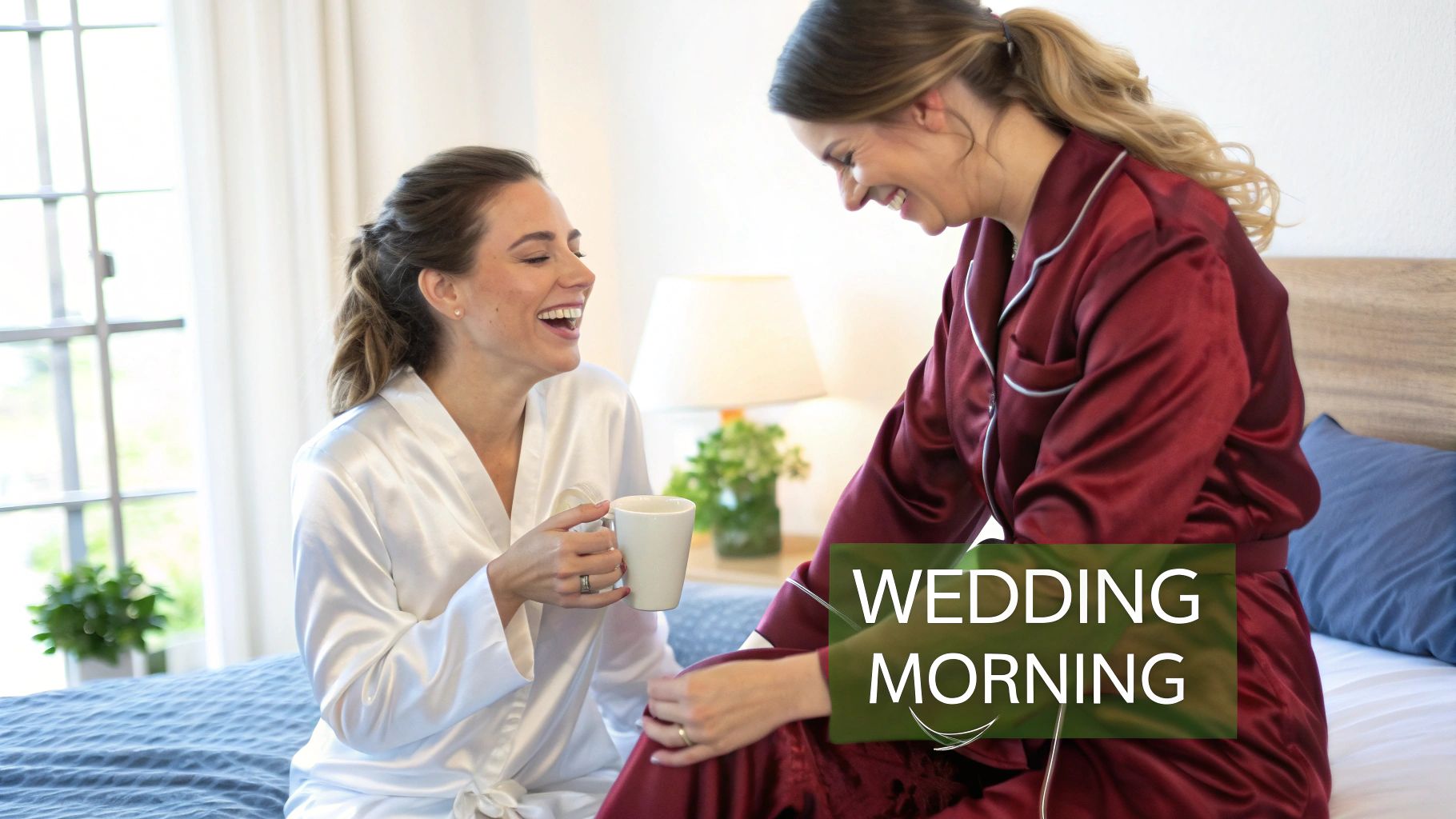 Two joyful women in satin robes and pajamas laughing on a bed on a wedding morning.