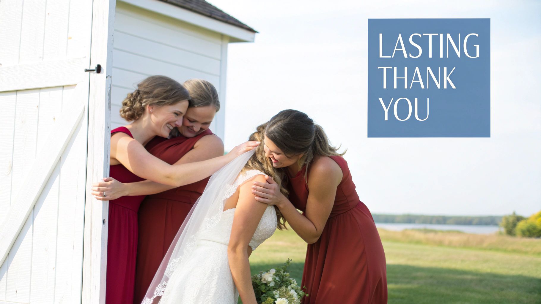 A bride in a white dress embraces her smiling bridesmaids in red dresses outdoors, with text 'LASTING THANK YOU'.