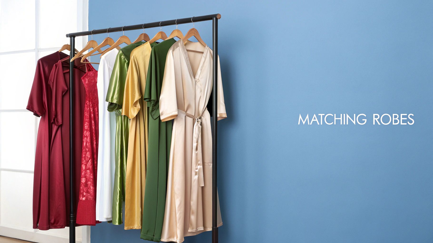 A rack displaying colorful satin robes in maroon, red, white, green, gold, and champagne against a blue wall.