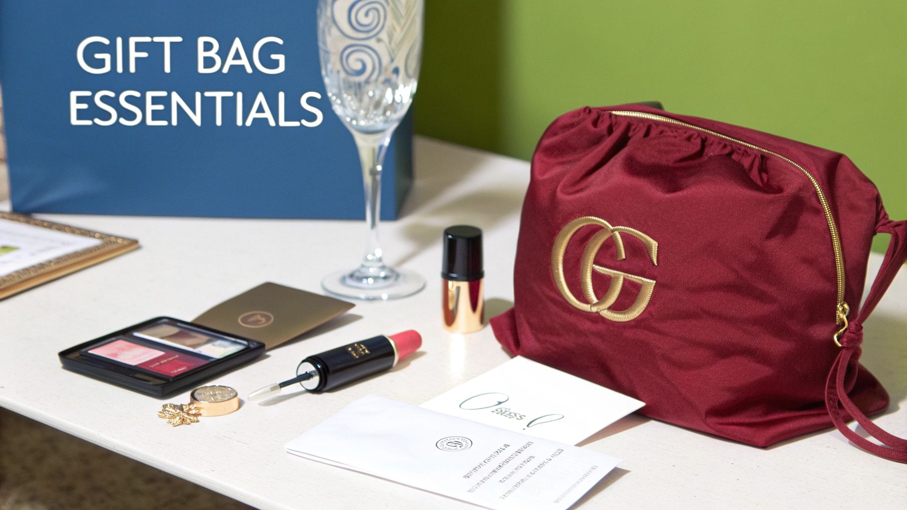 A collection of gift bag essentials including makeup, a champagne glass, and a branded pouch.
