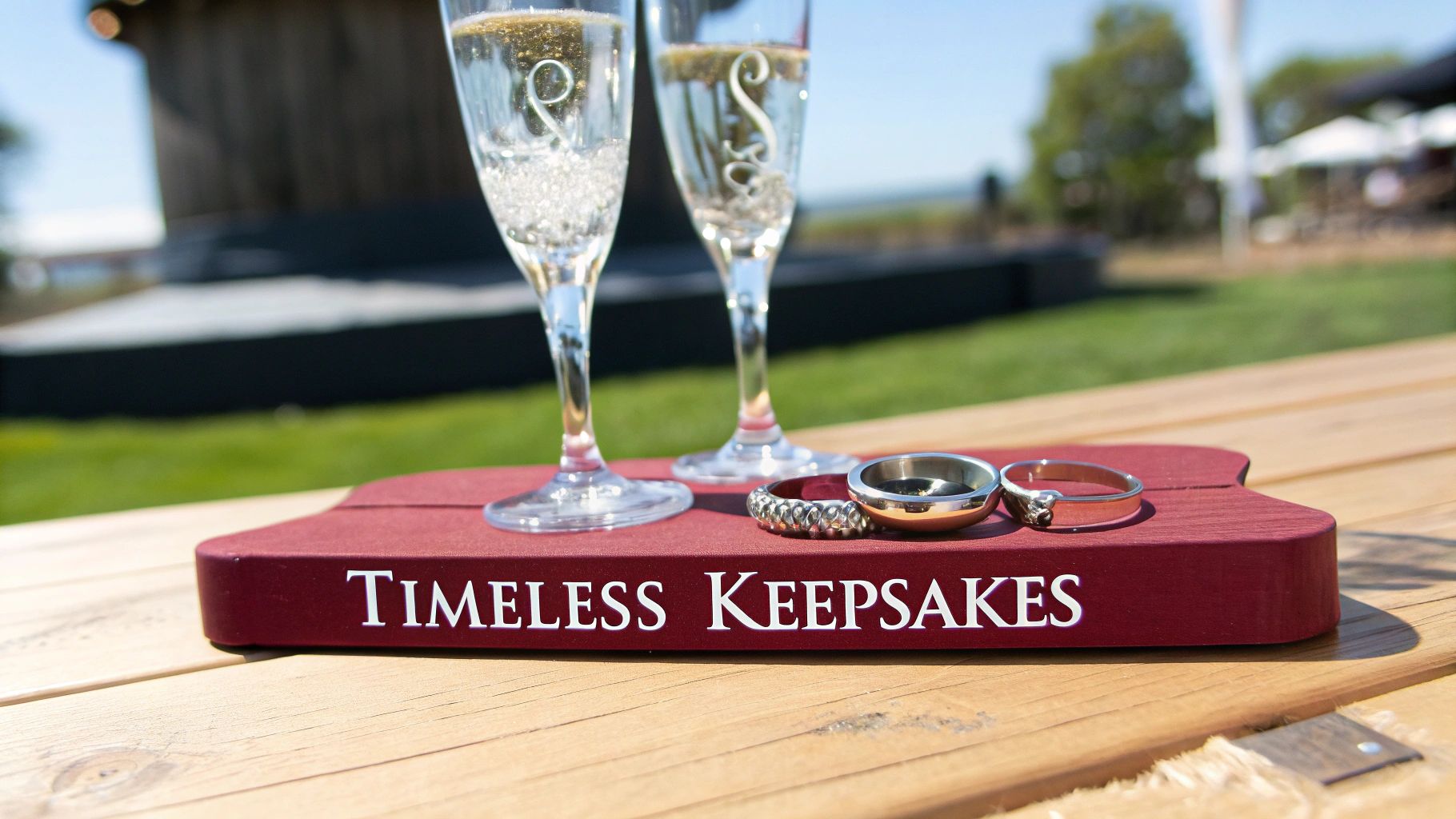 Champagne flutes with initials, wedding rings, and a 'Timeless Keepsakes' plaque on a wooden table.