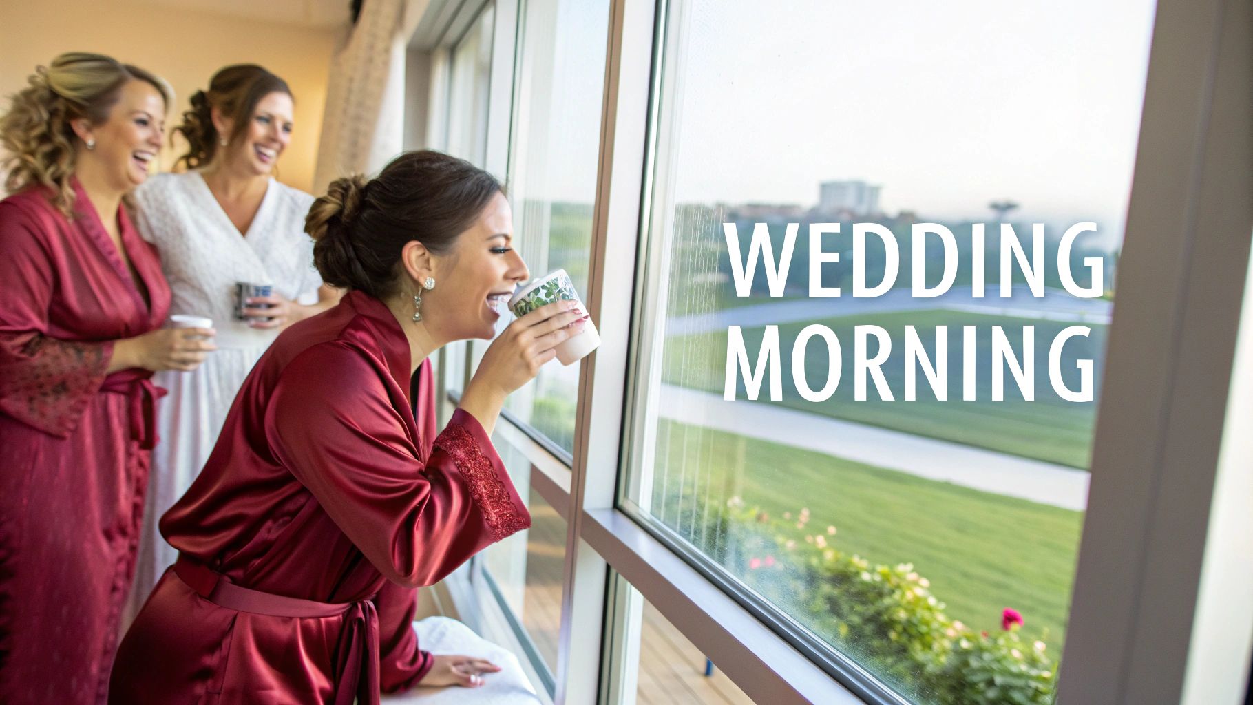 Happy women in red robes enjoying drinks by a window on wedding morning.