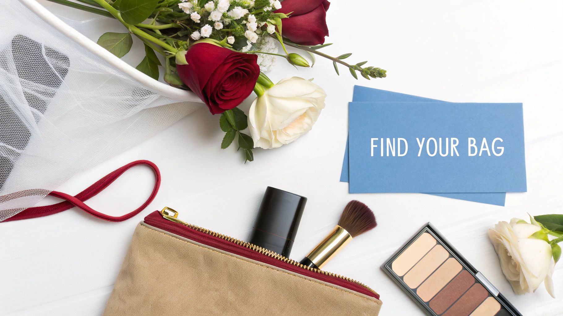 A flat lay of beauty essentials, including a beige makeup bag, brush, and eyeshadow, alongside roses and 'FIND YOUR BAG' cards.