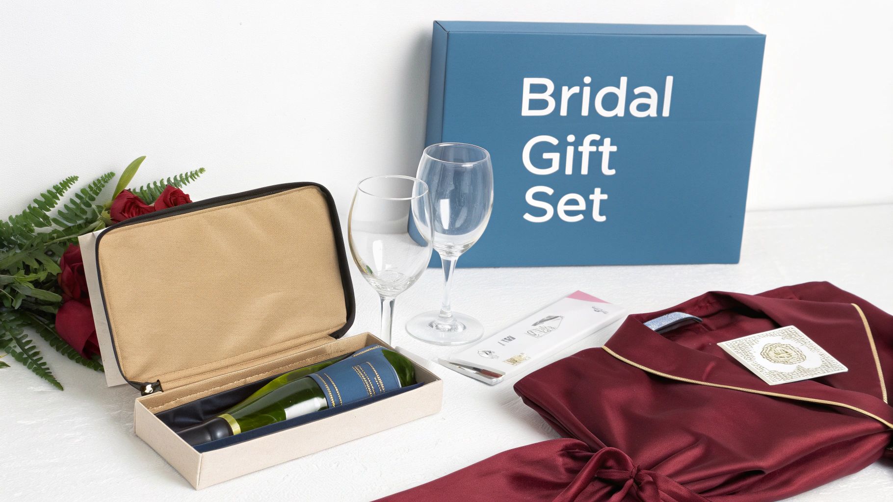 A thoughtful bridal gift set featuring a luxurious red robe, wine, two glasses, and a bouquet of red roses and ferns.