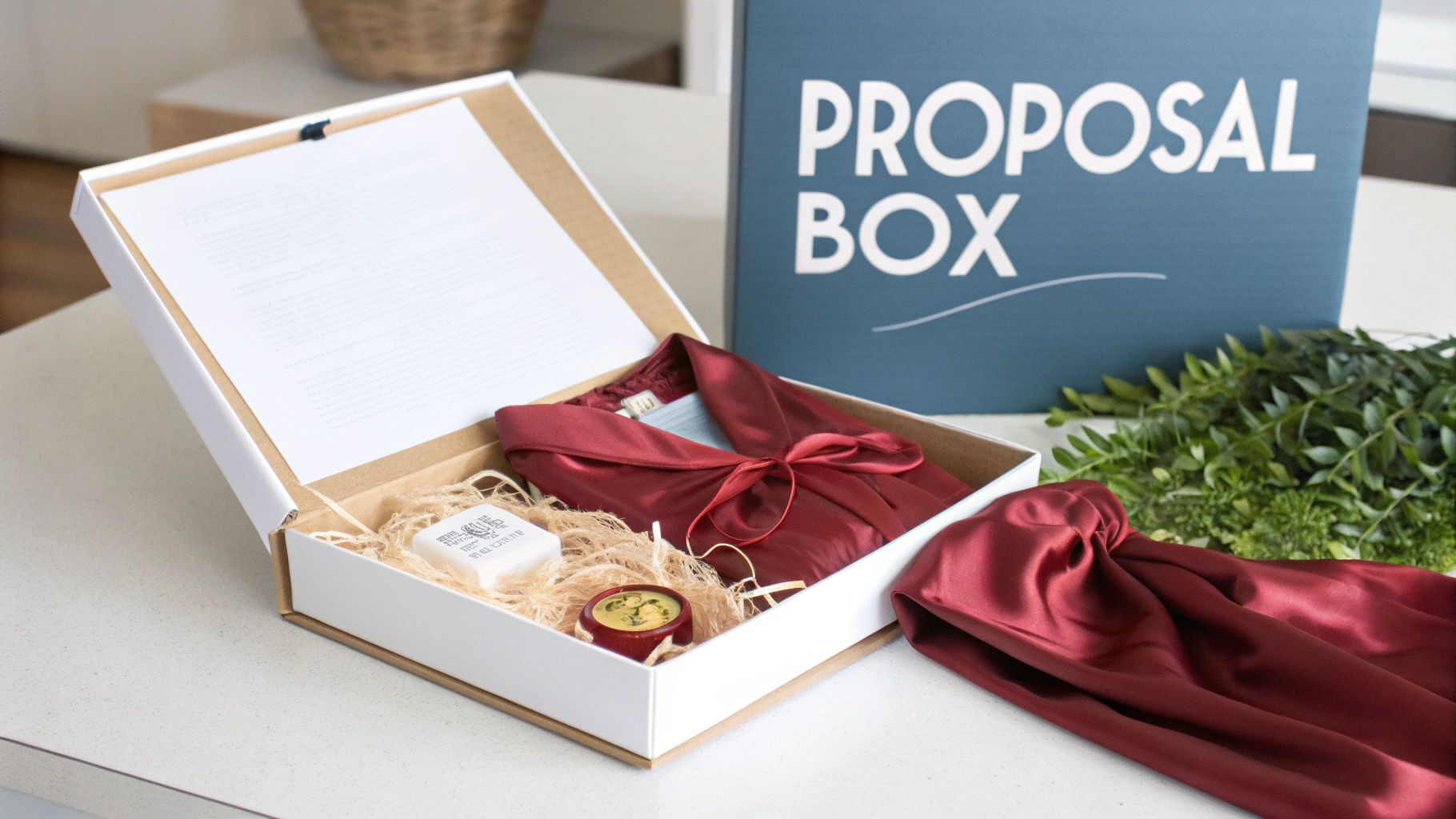 An open bridesmaid proposal box with a red silk robe, soap, and a small container, next to green foliage.