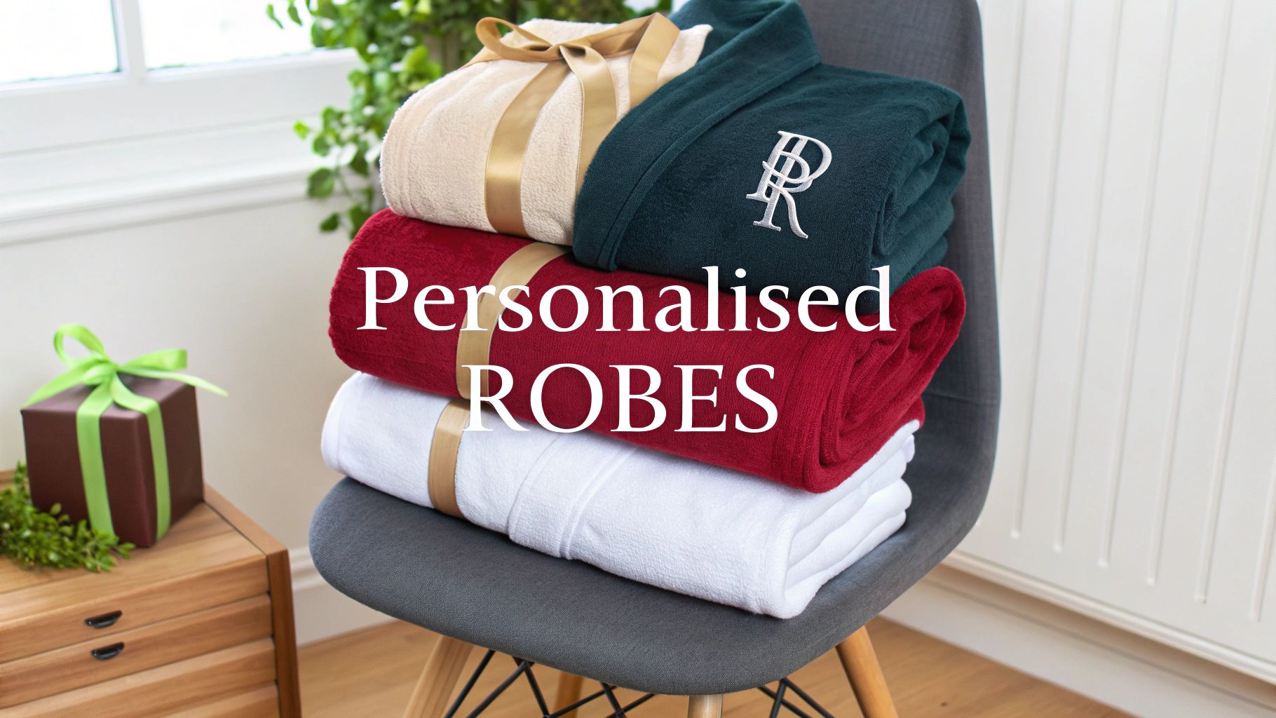 A stack of personalized robes in beige, red, and white, with ribbons and a gift box.