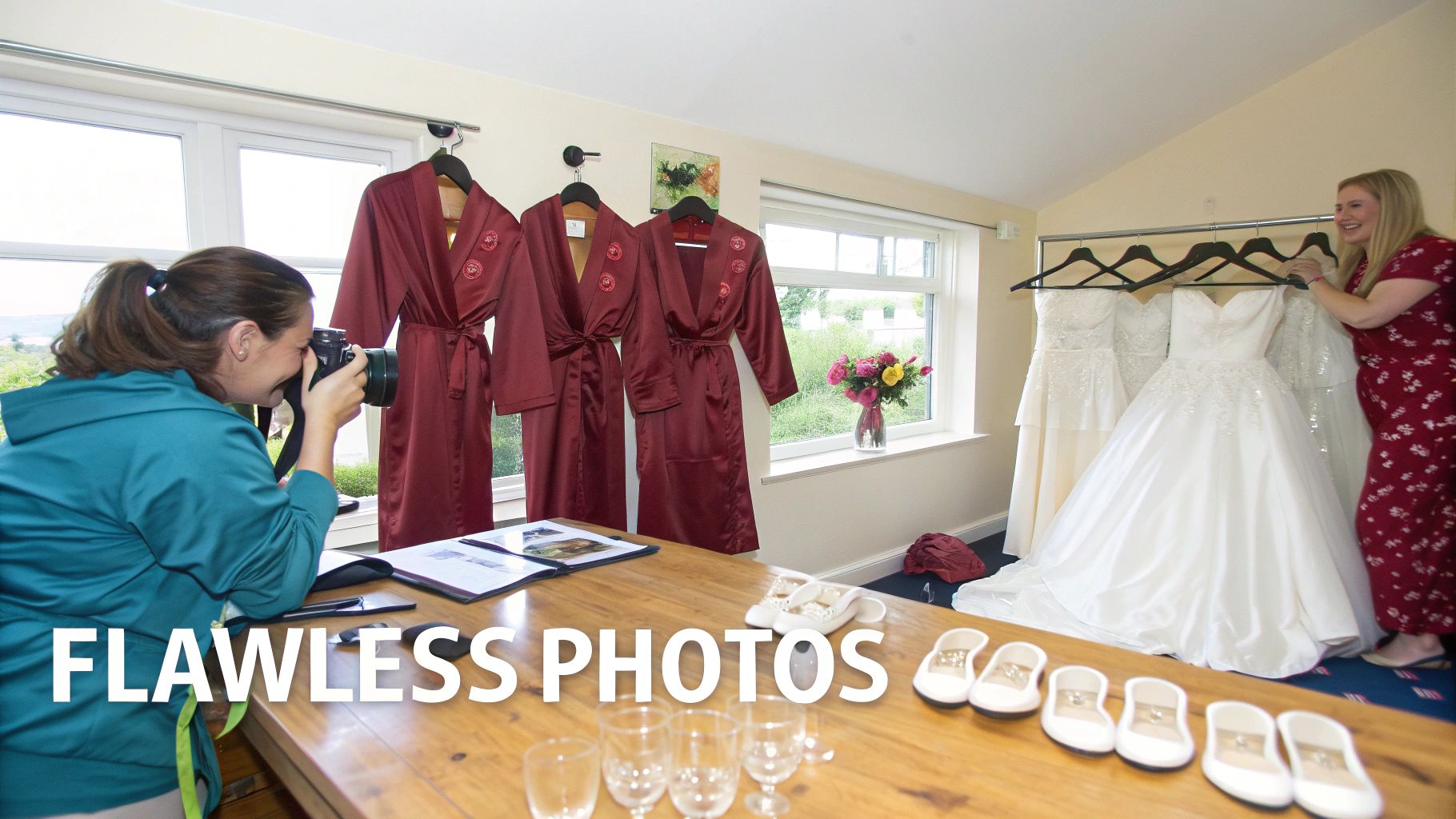 A photographer captures details of wedding robes, dresses, and shoes in a bright room.