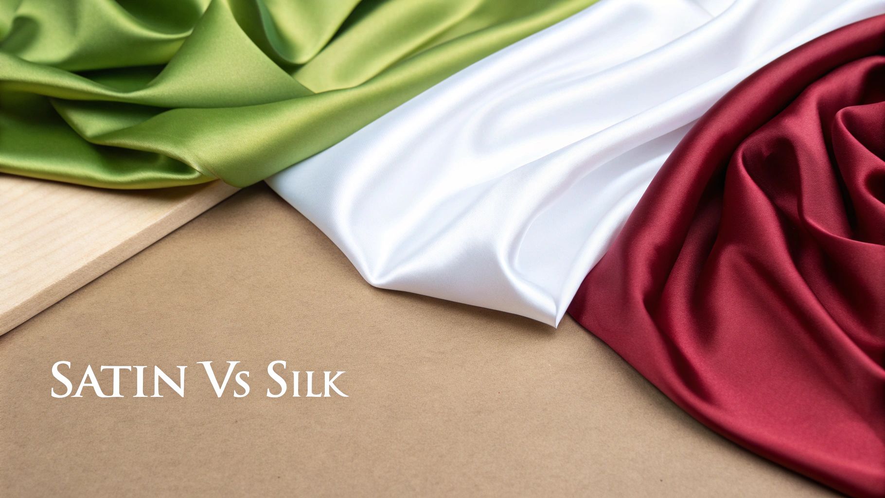 Lustrous green, white, and red satin fabrics draped, contrasting with wood and 'Satin Vs Silk' text.