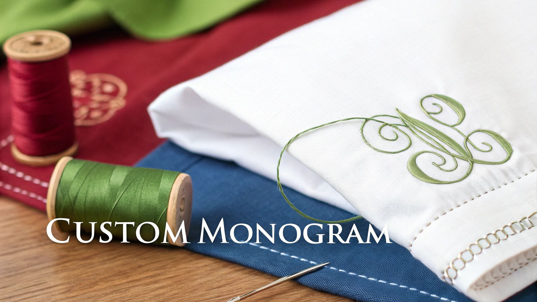 Close-up of a white fabric with a green custom monogram, surrounded by colorful threads and a needle.