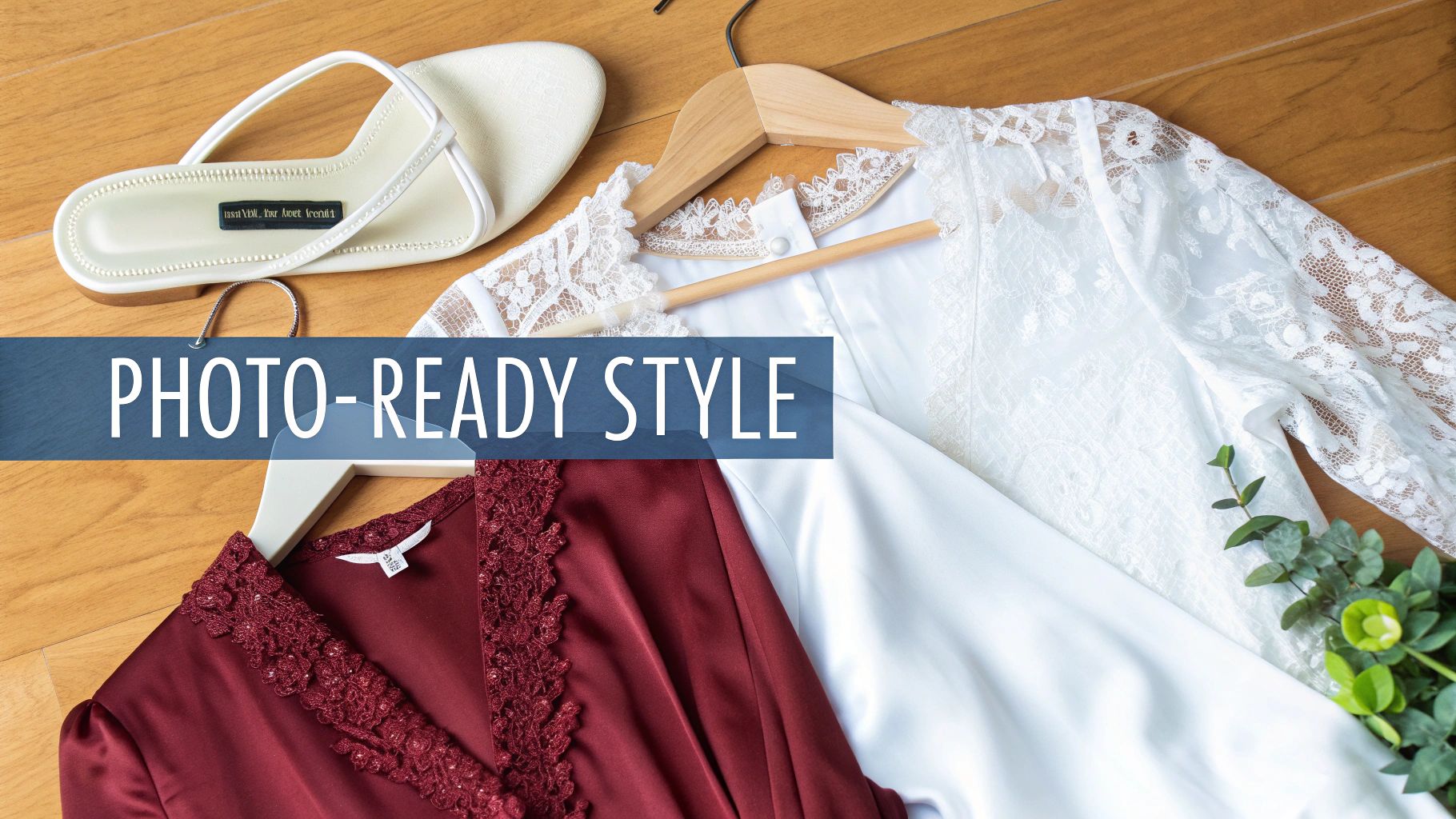 Two satin robes, one white lace, one burgundy, with white sandals on a wooden floor.
