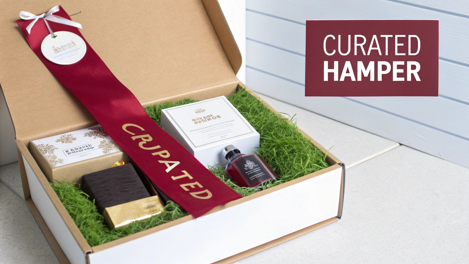 A beautifully packaged curated gift hamper with a red ribbon and various products in green moss.