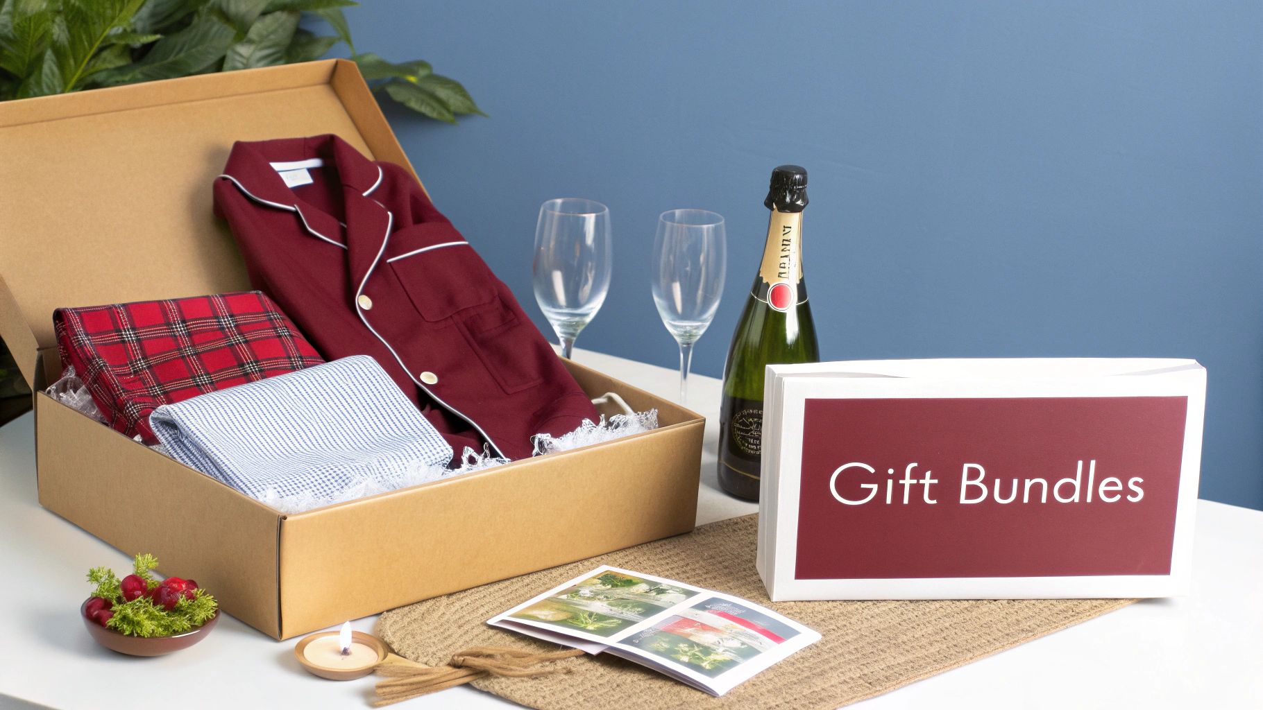 A curated gift bundle with maroon pajamas, plaid blanket, and champagne, perfect for a special occasion.