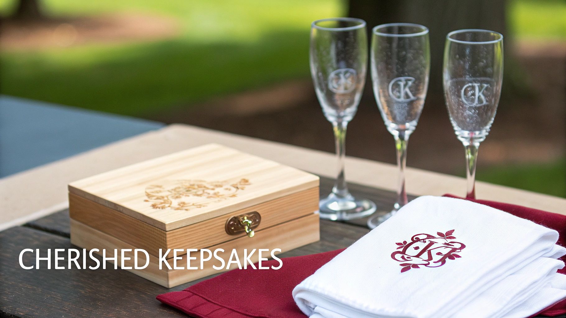 Personalized wedding keepsakes including a wooden box, monogrammed champagne flutes, and an embroidered towel on a table.