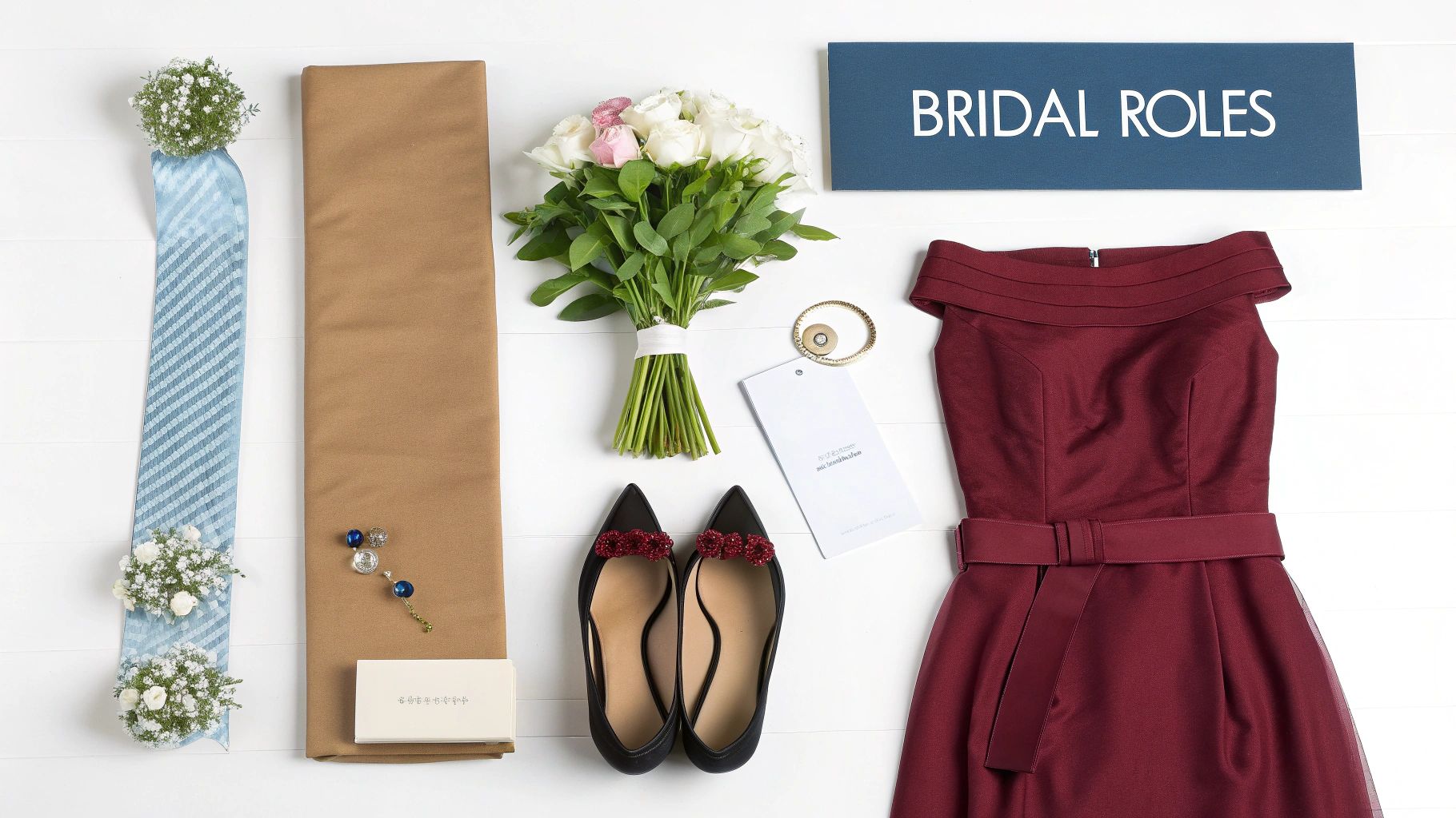 A flat lay of wedding attire and accessories including a burgundy dress, blue tie, and bouquet, with a sign reading "BRIDAL ROLES".