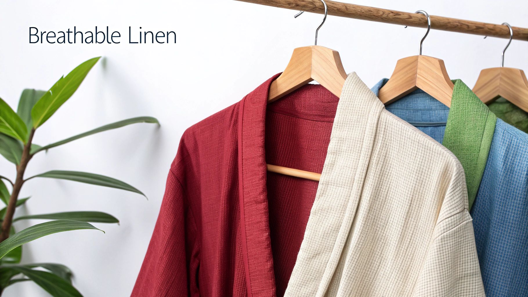 Close-up of three breathable linen dressing gowns in red, beige, and blue, hanging on a wooden rail.