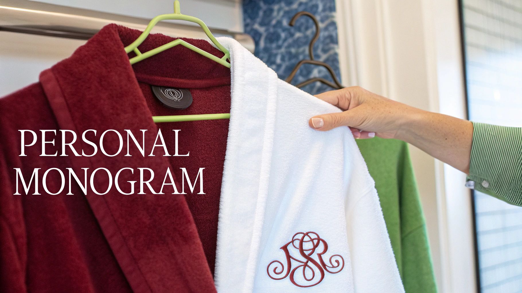 A hand adjusts a white robe with an embroidered red monogram, next to red and green robes.