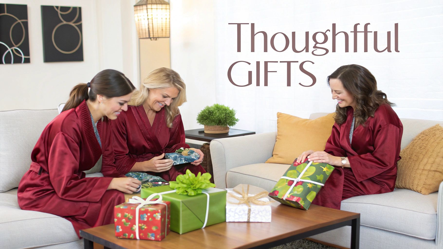 Three happy women in maroon robes exchanging thoughtful gifts in a cozy living room.