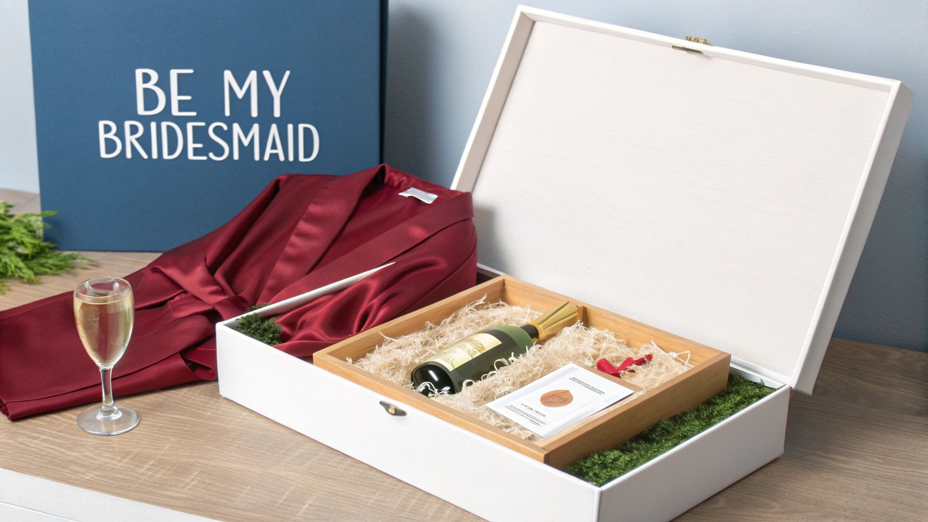 An open white bridesmaid proposal gift box with a red satin robe, wine bottle, and champagne glass. A blue sign reads 'BE MY BRIDESMAID'.