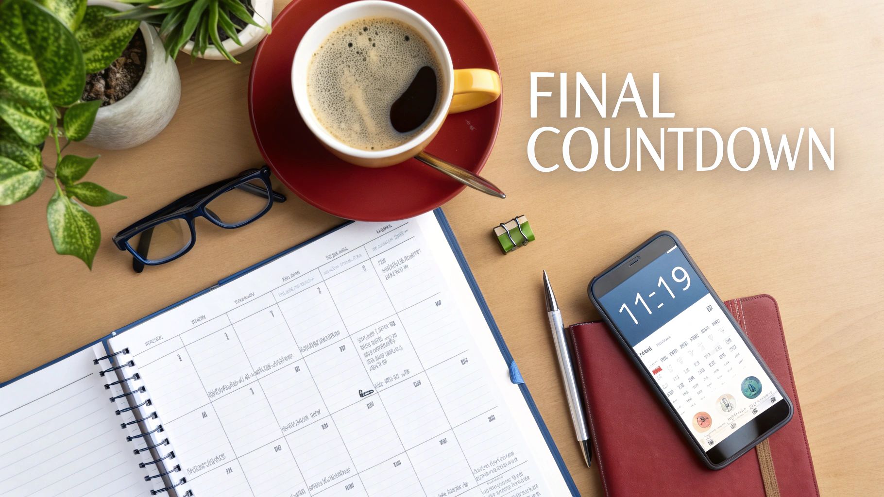 A top-down view of a desk with an open planner, coffee, glasses, and a phone displaying '11:19' and the text 'FINAL COUNTDOWN'.