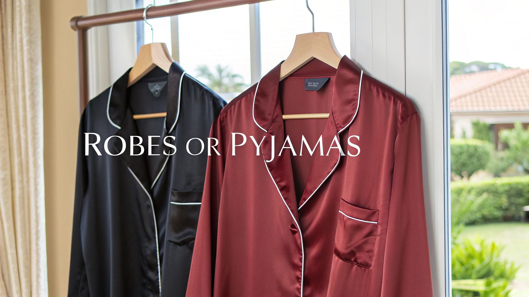 Two elegant silk pajama tops, one black and one maroon, hanging by a sunlit window.