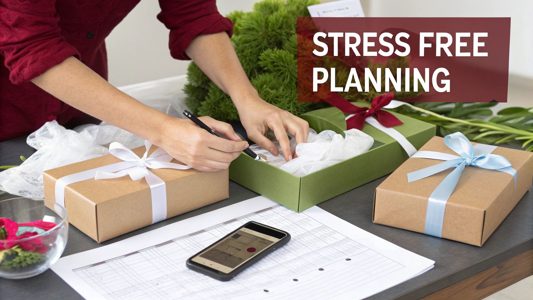 Hands preparing beautifully wrapped gift boxes with ribbons, paper, and a smartphone on a table.