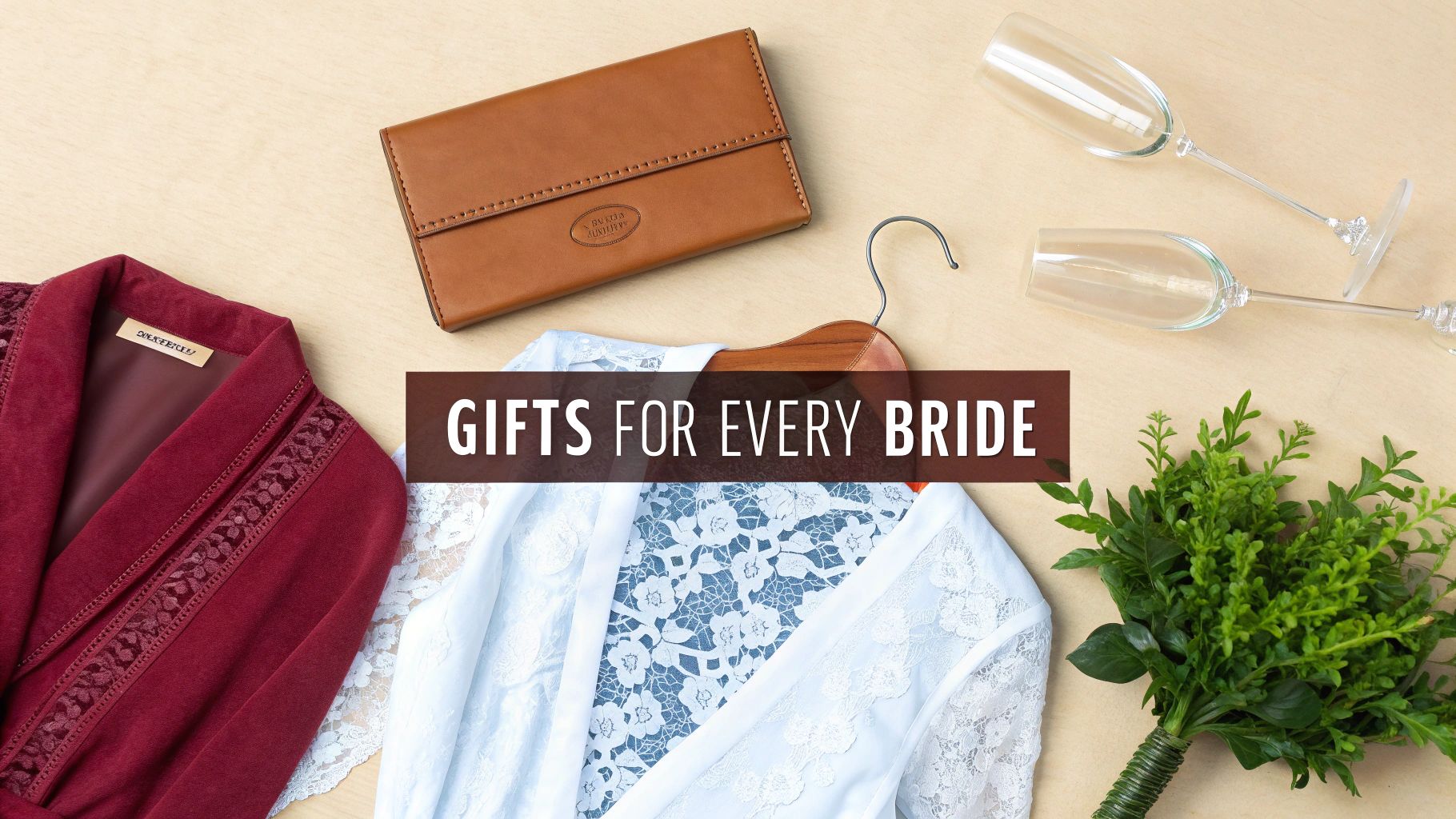 Flat lay of bridal gifts including two robes, a brown clutch, champagne flutes, and a green bouquet.