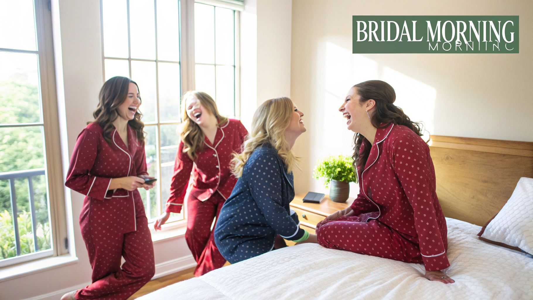 Happy bridal party wearing matching pajamas, laughing together in a sunlit bedroom.