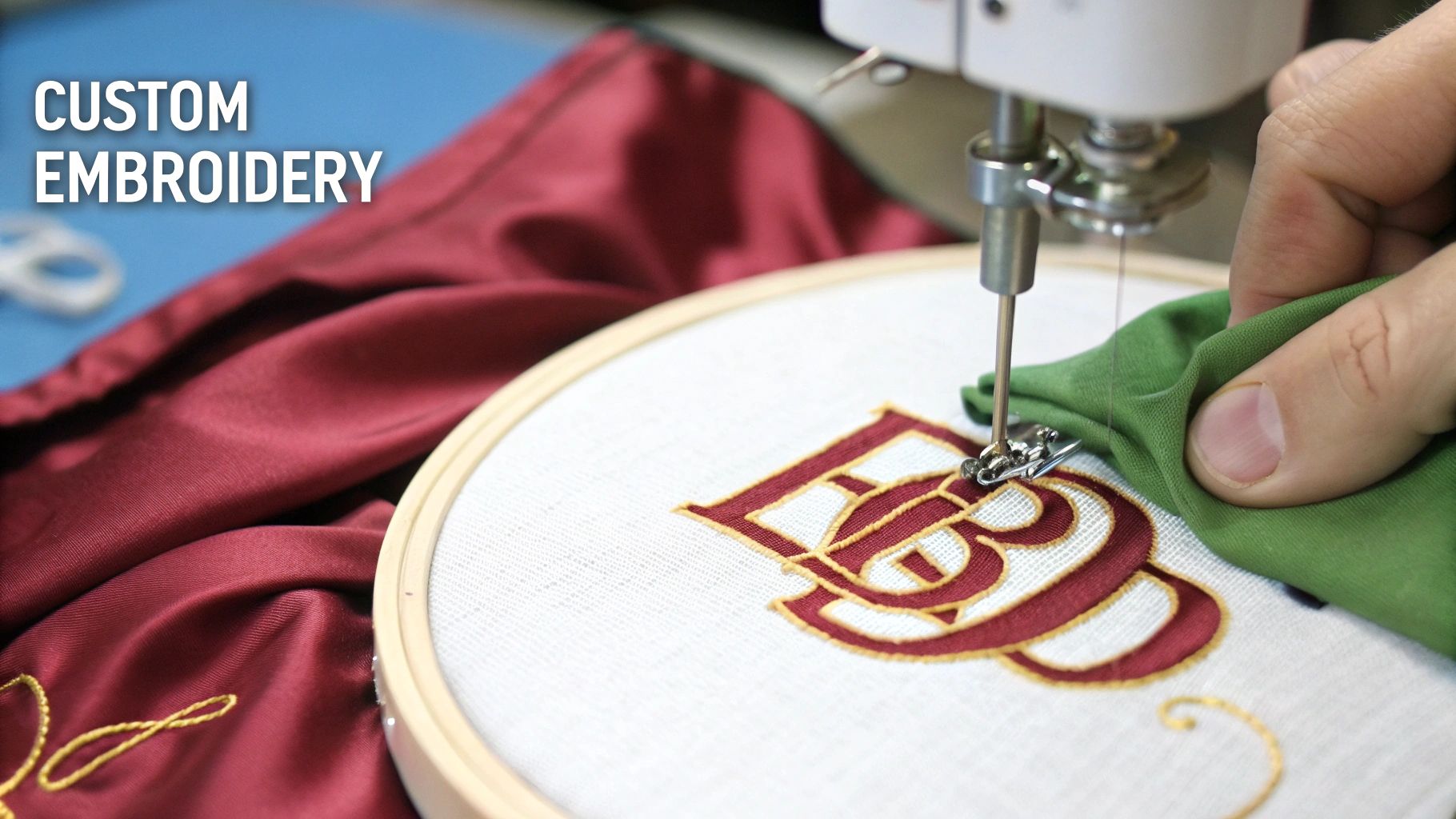 Embroidery machine stitching a custom monogram onto white fabric, with a hand guiding green material.