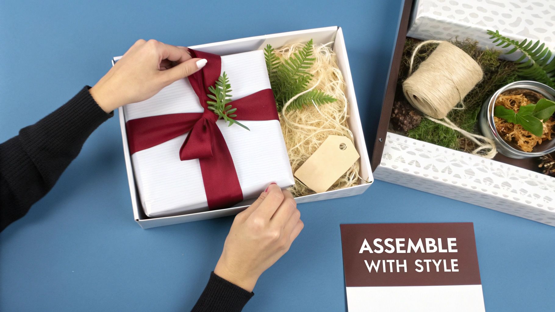Hands assemble a white gift box with a red ribboned present, straw, and greenery. Another box holds craft supplies.