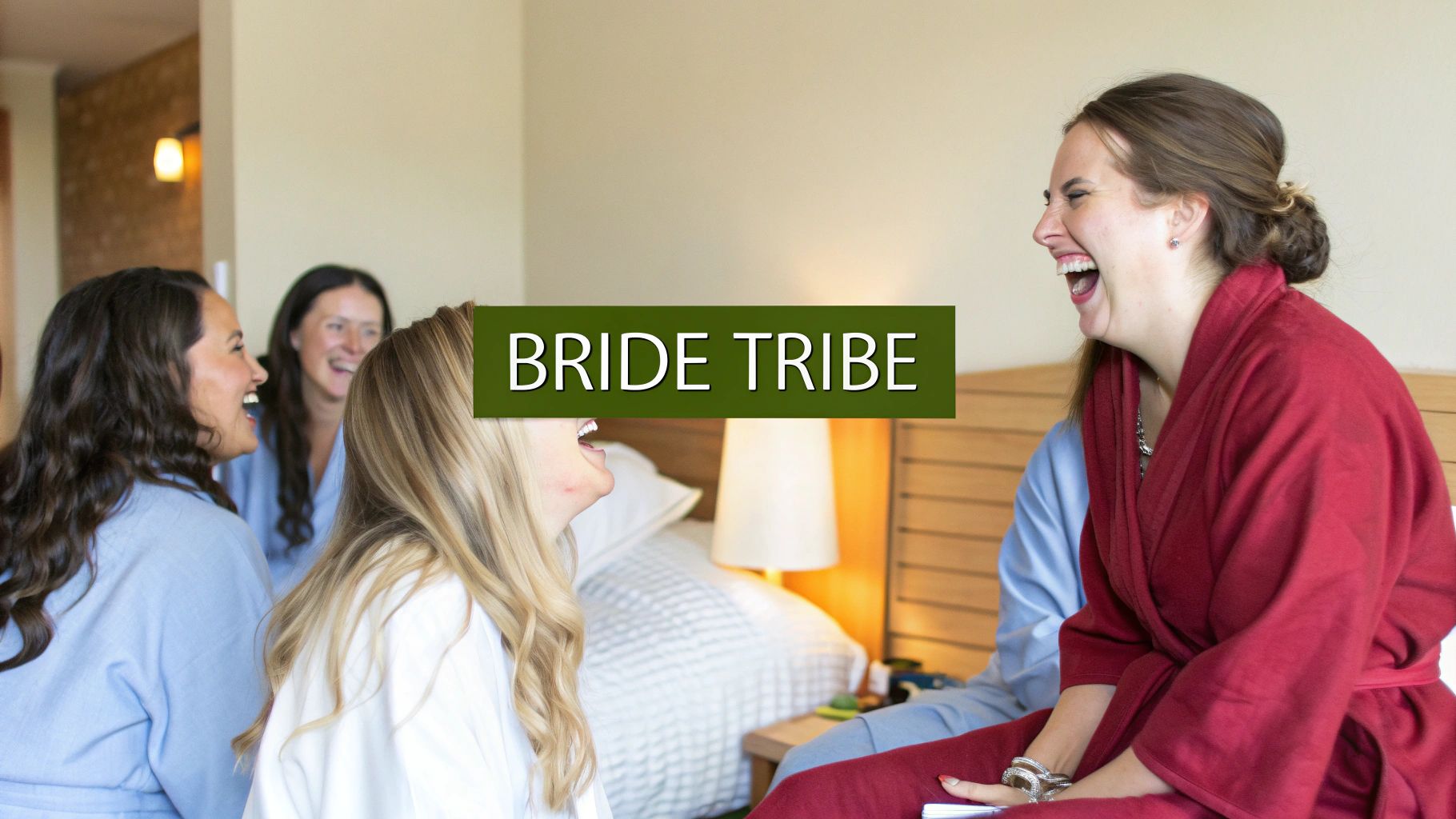 A group of happy women in robes laughing together, with 'BRIDE TRIBE' text overlay.