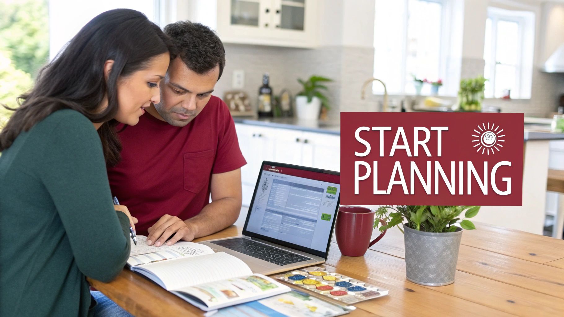 A couple plans together at a wooden table with a laptop, open books, and a 'START PLANNING' sign.