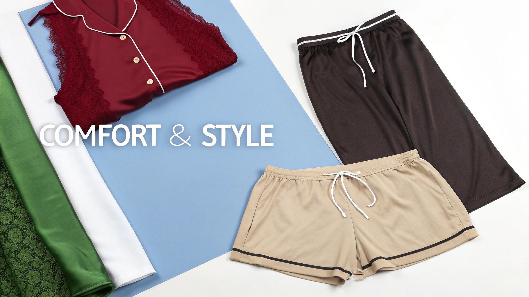 A flat lay showcasing a red lace-trimmed pajama top, brown lounge pants, and beige pajama shorts with "COMFORT & STYLE" text.